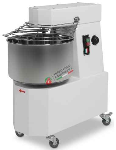 Fixed head spiral dough mixer 400V three phase 48 Lt for pizzaries and bakeries - fitted with wheels and timer - 2 speeds