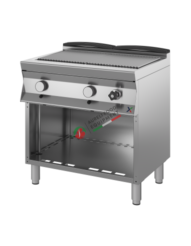 Gas direct grill on open cupboard base with fat collection tank, cooking surface universal dim. 800Wx700Dx850/900H mm