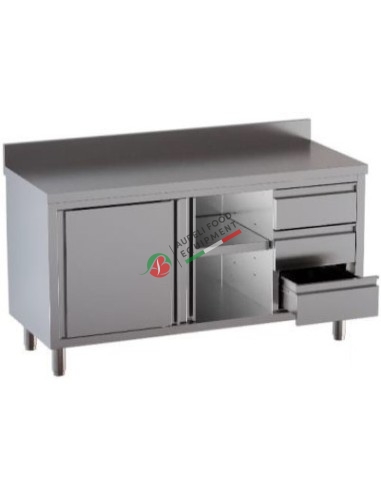 Work cabinet with sliding doors with 3 drawers and with raised back dim. 180x60x95H cm