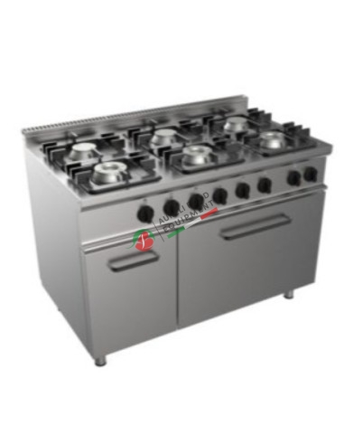Gas range 6 open flame burners (27 kW) with electric oven and cabinet dim. 1200x700x900H mm