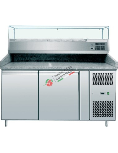 Banco refrigerato per pizzeria ventilato 2 porte con vetrina statica per vaschette cap. 7 GN 1/4