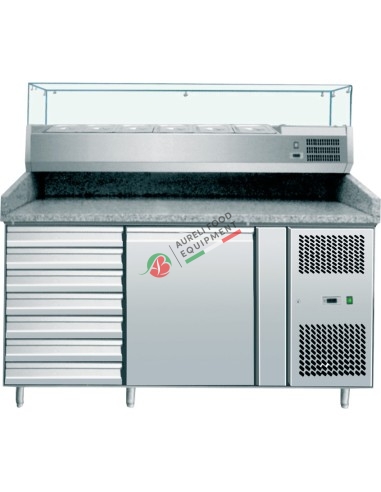 One door ventilated pizza counter + 7 drawers (not refrigerated) + static refrigerated display case for pizzeria cap. 7 GN 1/4