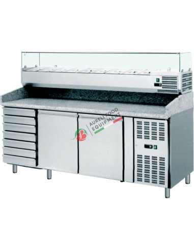 2 doors ventilated pizza counter + 7 drawers + static refrigerated display case for pizzeria cap. 9 GN 1/3