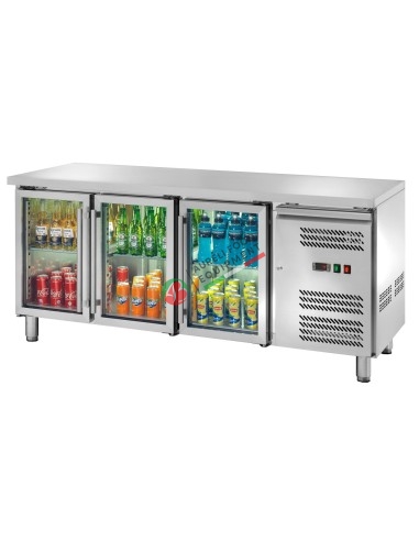 Ventilated refrigerated counter GN 1/1 with 3 glass doors LED light temp. -2/+8°C dim. 179,5Wx70Dx86H cm