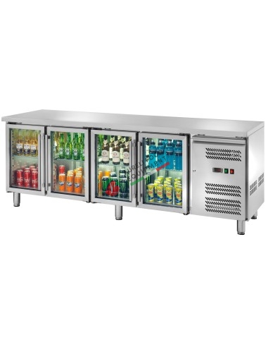 Ventilated refrigerated counter GN 1/1 with 4 glass doors LED light temp. -2/+8°C dim. 223Wx70Dx86H cm