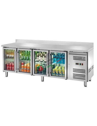Ventilated refrigerated counter GN 1/1 with 4 glass doors and raised back LED light temp. -2/+8°C dim. 223Wx70Dx96H cm