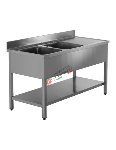 2 bowls sink unit with drainer and bottom shelf 160x70x85H cm