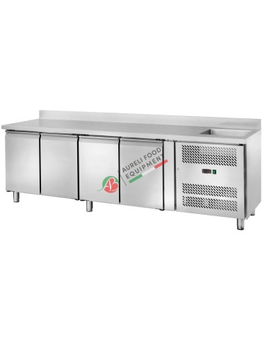 Ventilated refrigerated counter GN1/1 temp. -2/+8°C - 4 doors with raised back dim. 250x70x96H cm WITH SINK