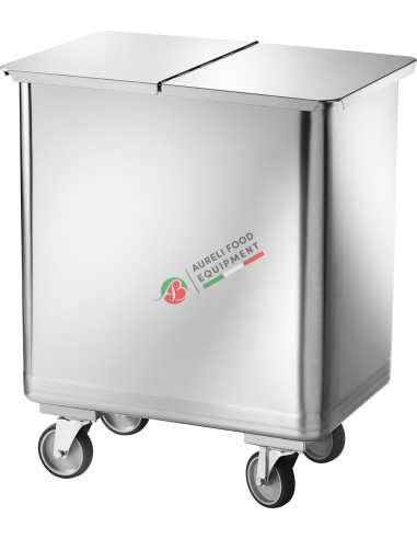 L 115 Hopper on wheels, constructed entirely in satin-fish stainless steel with removable lid