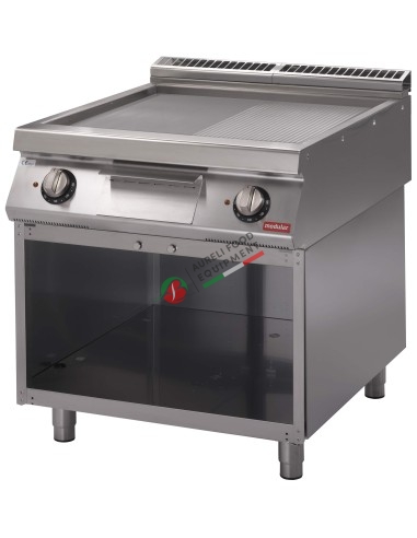 Electric griddle with 1/2 smooth 1/2 ribbed chromed plate on open cabinet 10,80 Kw dim. 80Wx70Dx87H cm