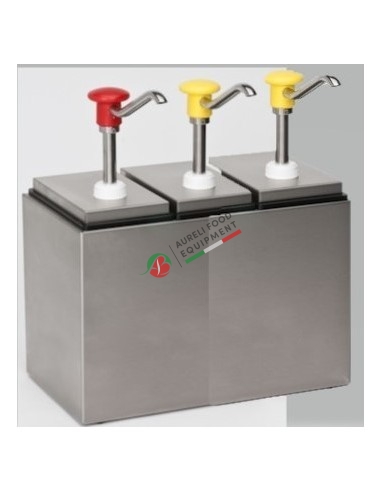 Stainless steel 18/8 sauce bar complete with direct-action dispensers and black rectangular plastic 2,5 L containers.