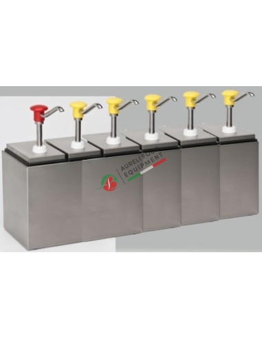 Stainless steel 18/8 sauce bar complete with direct-action dispensers and black rectangular plastic 2,5 L containers.