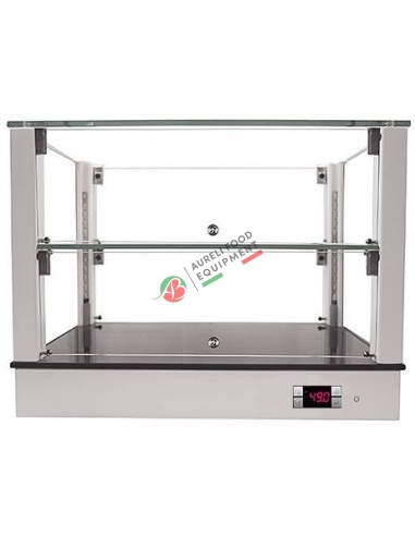 White heated glass show case with 2 shelfs - LED light dim. 74Wx33,5Dx40H cm