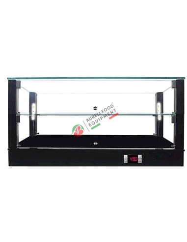 Black heated glass show case with 2 shelfs - LED light dim. 74Wx33,5Dx40H cm