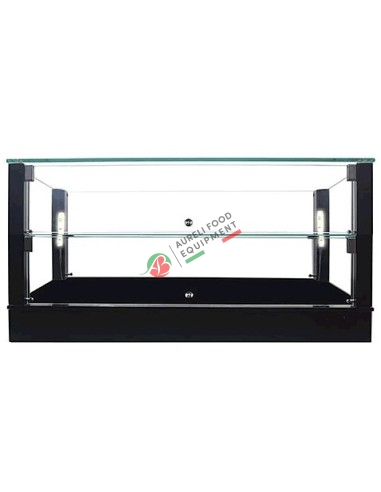 Black neutral glass show case with 2 shelfs - LED light dim. 74Wx33,5Dx40H cm